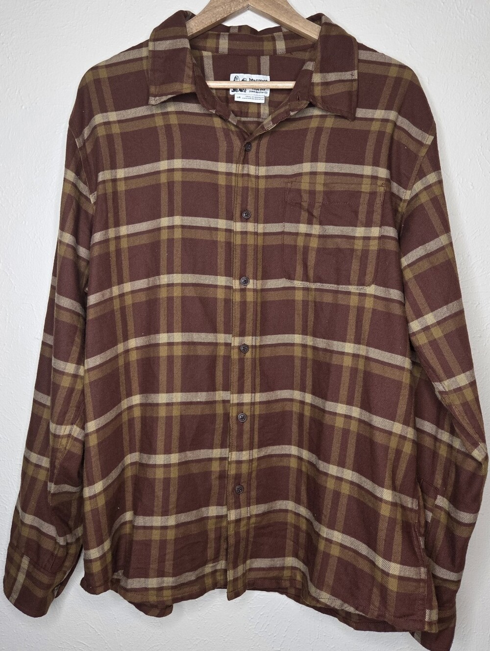 Marmot Mountain Works Brown Plaid Flannel Shirt Men’s L Recycled Cotton Blend